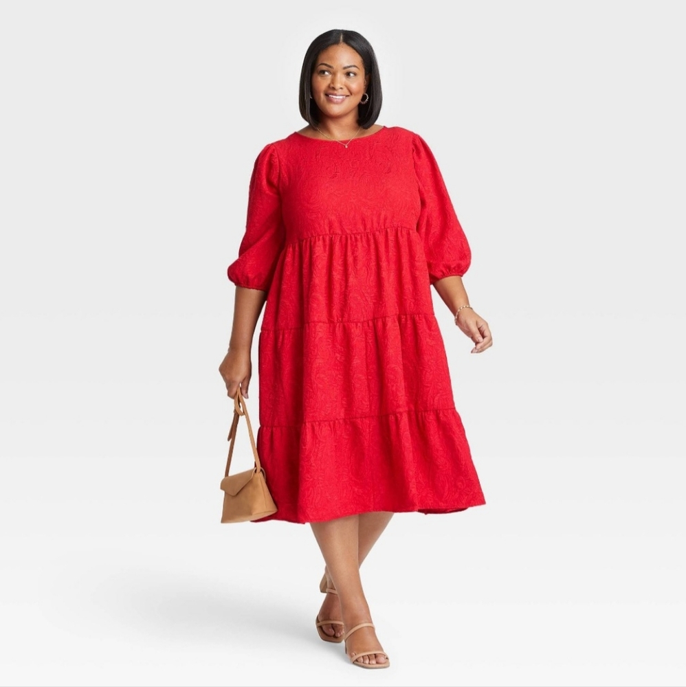 Ava & Viv Size X Women’s Red Tiered Dress Puff-Sleeves Tied In Back Midi Dress